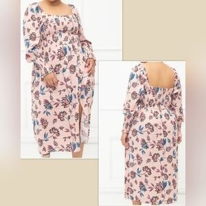 ELOQUII Elements Smocked Floral Print Blush Pink Midi Dress Sz 18 20 18/20 or 2X